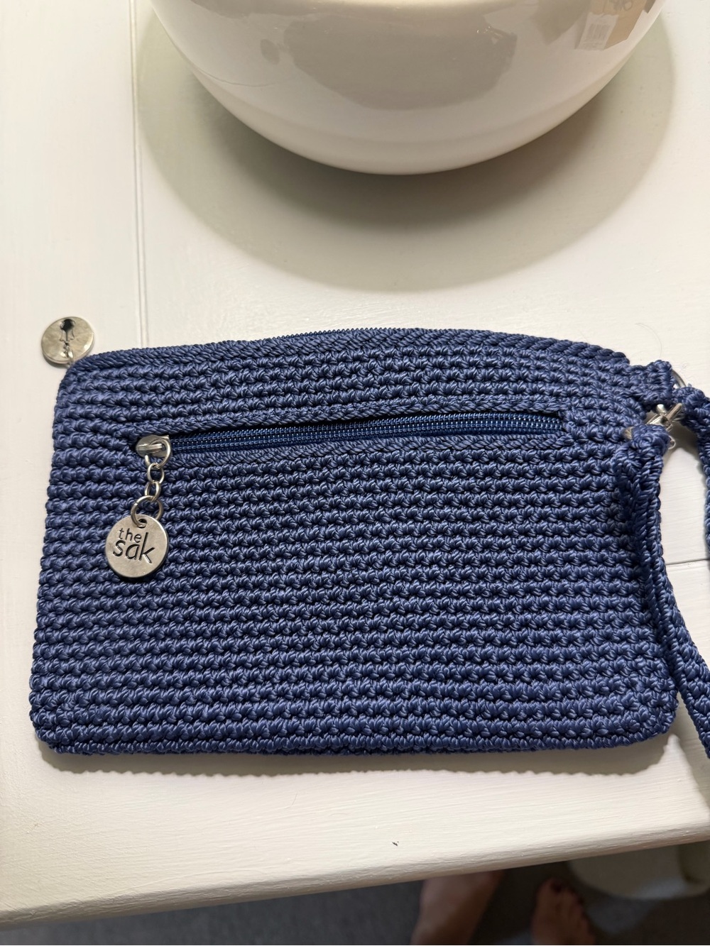 The Sak Navy Crochet Wristlet with Zip Pocket
